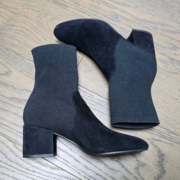 Eileen Fisher Knolls Suede & Recycled Stretch Knit Sock Block Heel Boot in Black - Picture 8 of 12